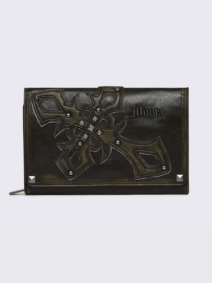 Faux Leather Wallet in Black with Embossed Studded Cross | Minga