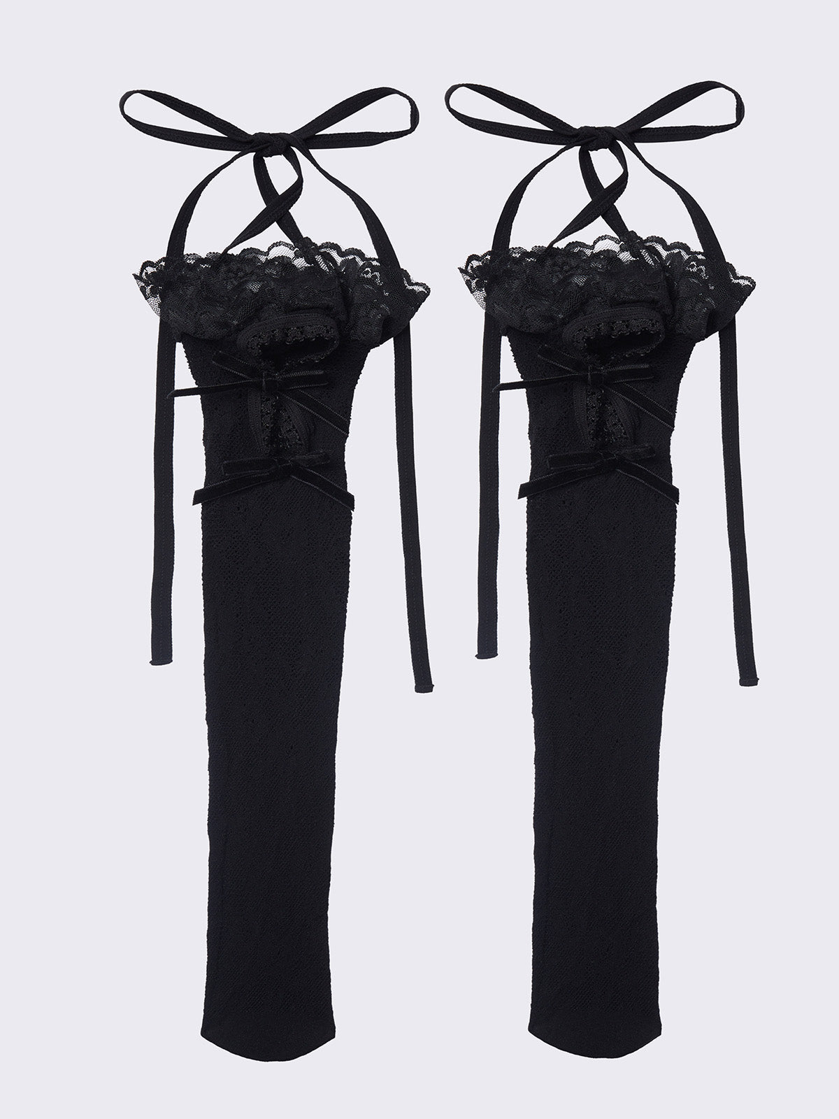 Lace knee high socks in black with cut-outs, ties and bows details