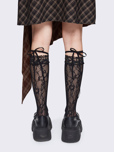 Lace knee high socks in black with cut-outs, ties and bows details