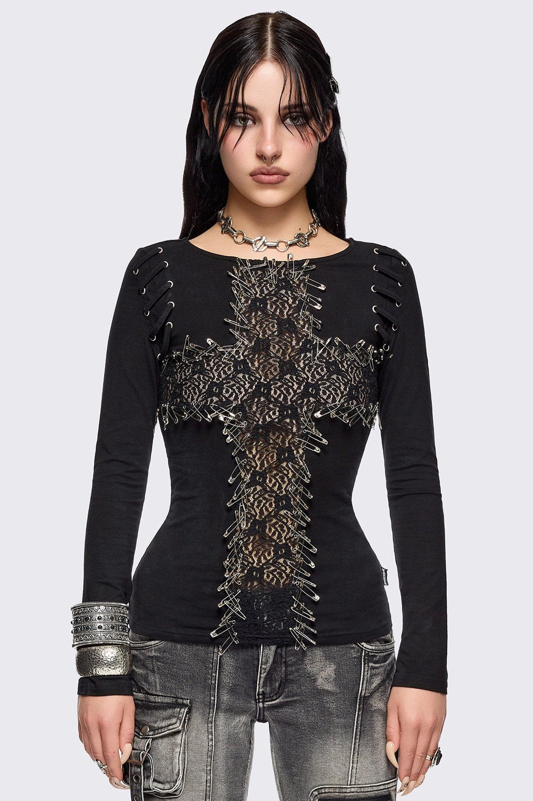 Black Long Sleeve Top with Lace Cross and Safety Pins | Minga London