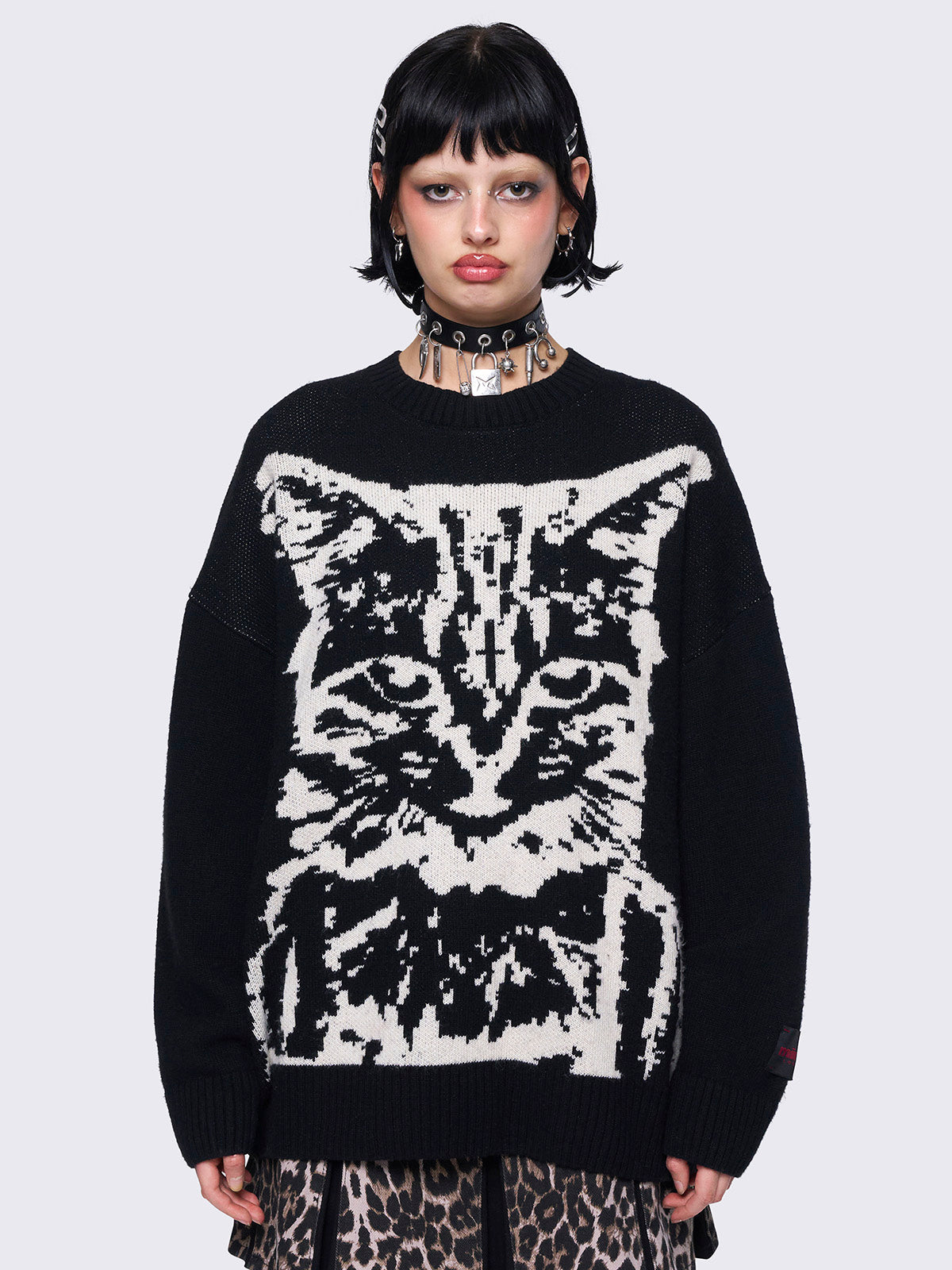 Black Oversized Cat Graphic Sweater