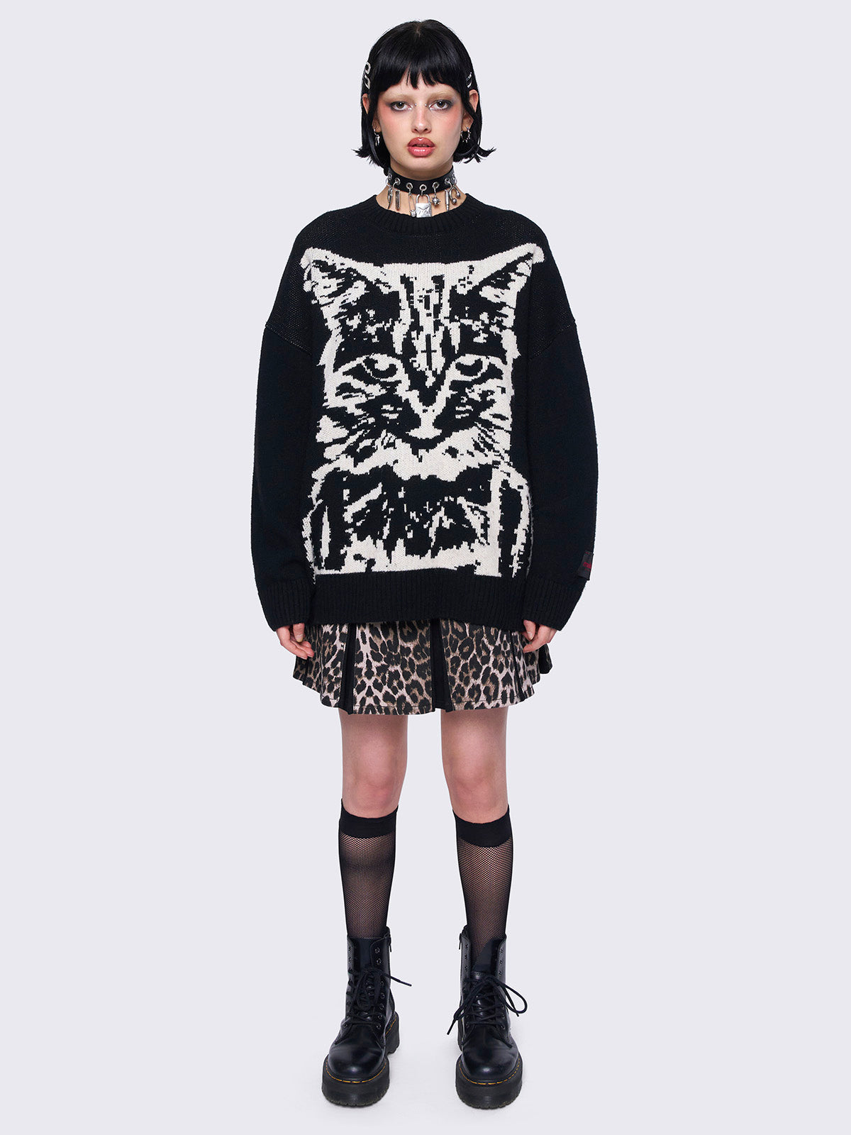 Black Oversized Cat Graphic Sweater