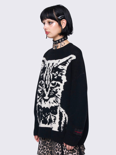 Black Oversized Cat Graphic Sweater