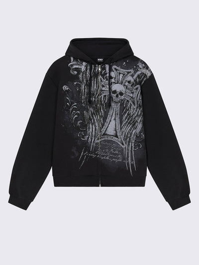 Oversized zip up hoodie in black with winged skull graphic print