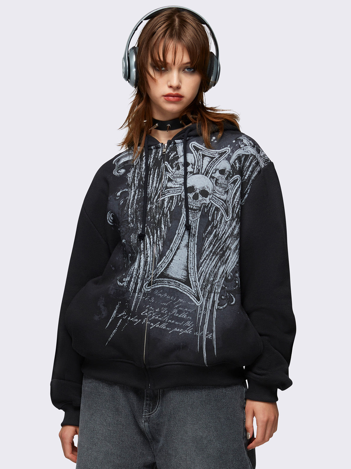 Oversized zip up hoodie in black with winged skull graphic print