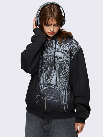 Oversized zip up hoodie in black with winged skull graphic print