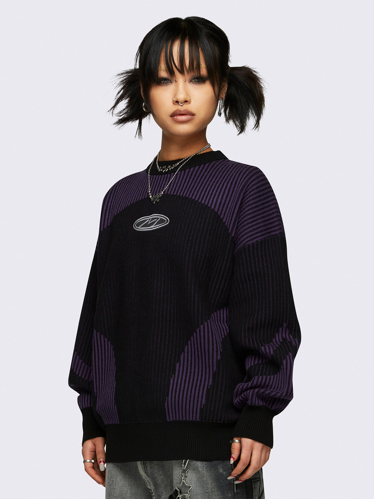 Color block chunky knit jumper in purple and black