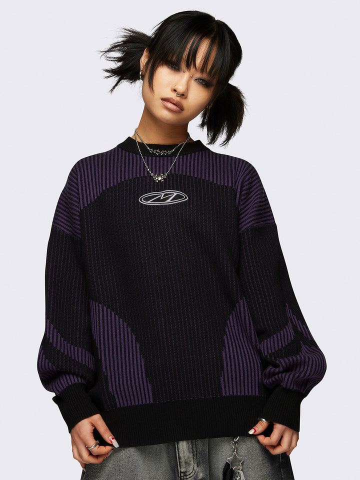 Colourblock Chunky Knit Jumper in Black and Purple | Minga London