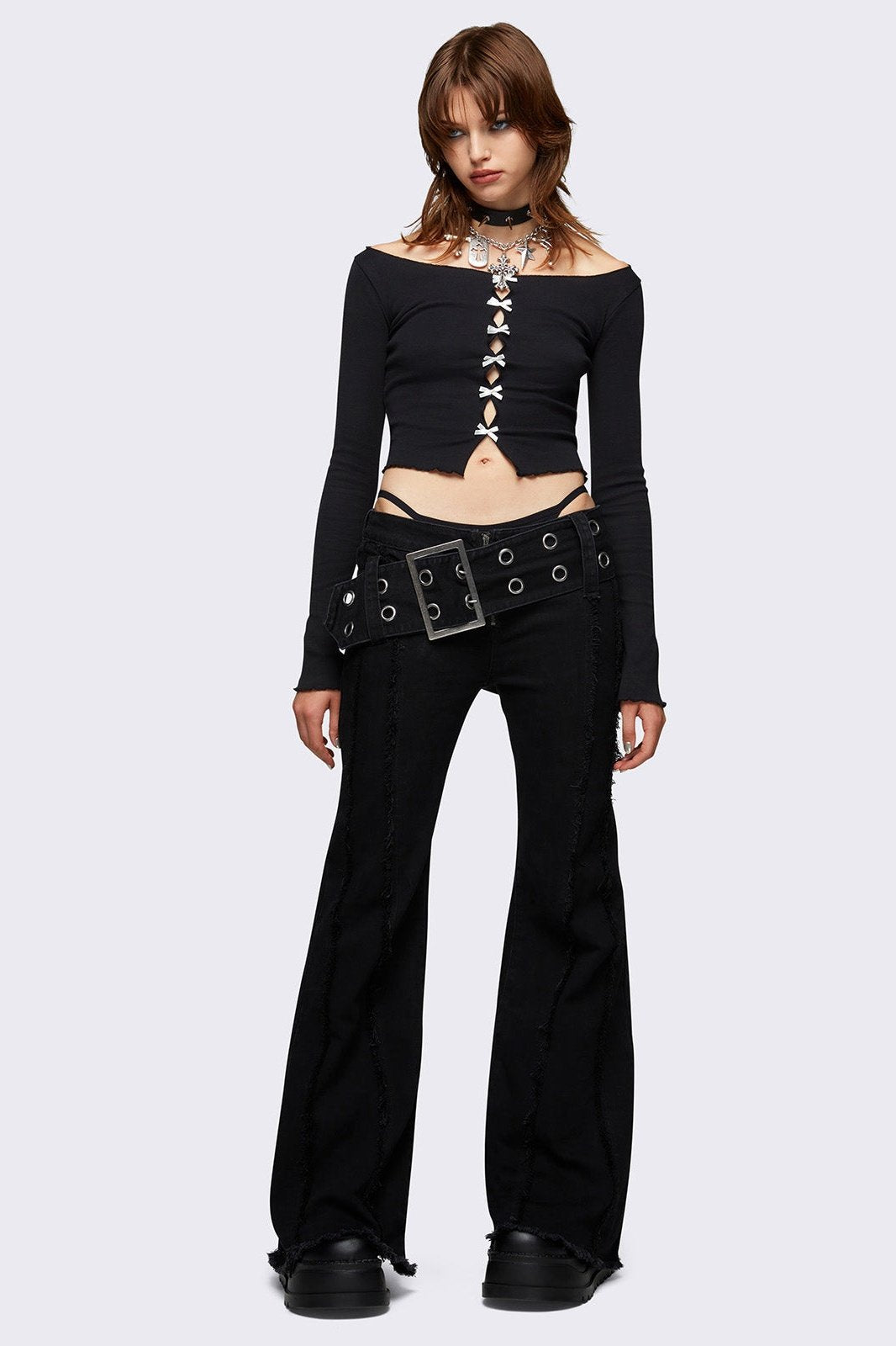 Black Belted Distressed Flare Jeans | Minga London – Minga London US