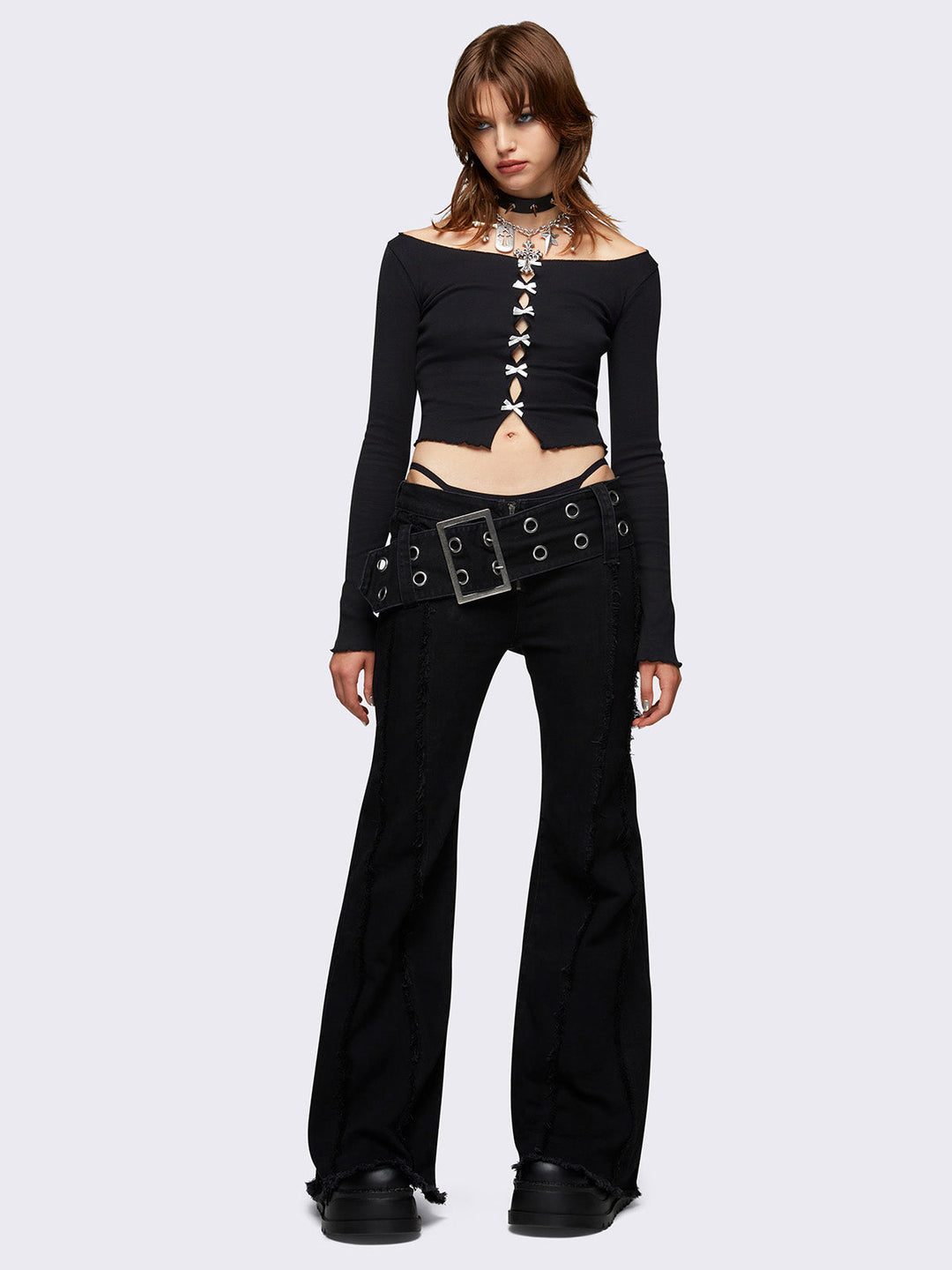 Black Belted Distressed Flare Jeans | Minga London – Minga London US