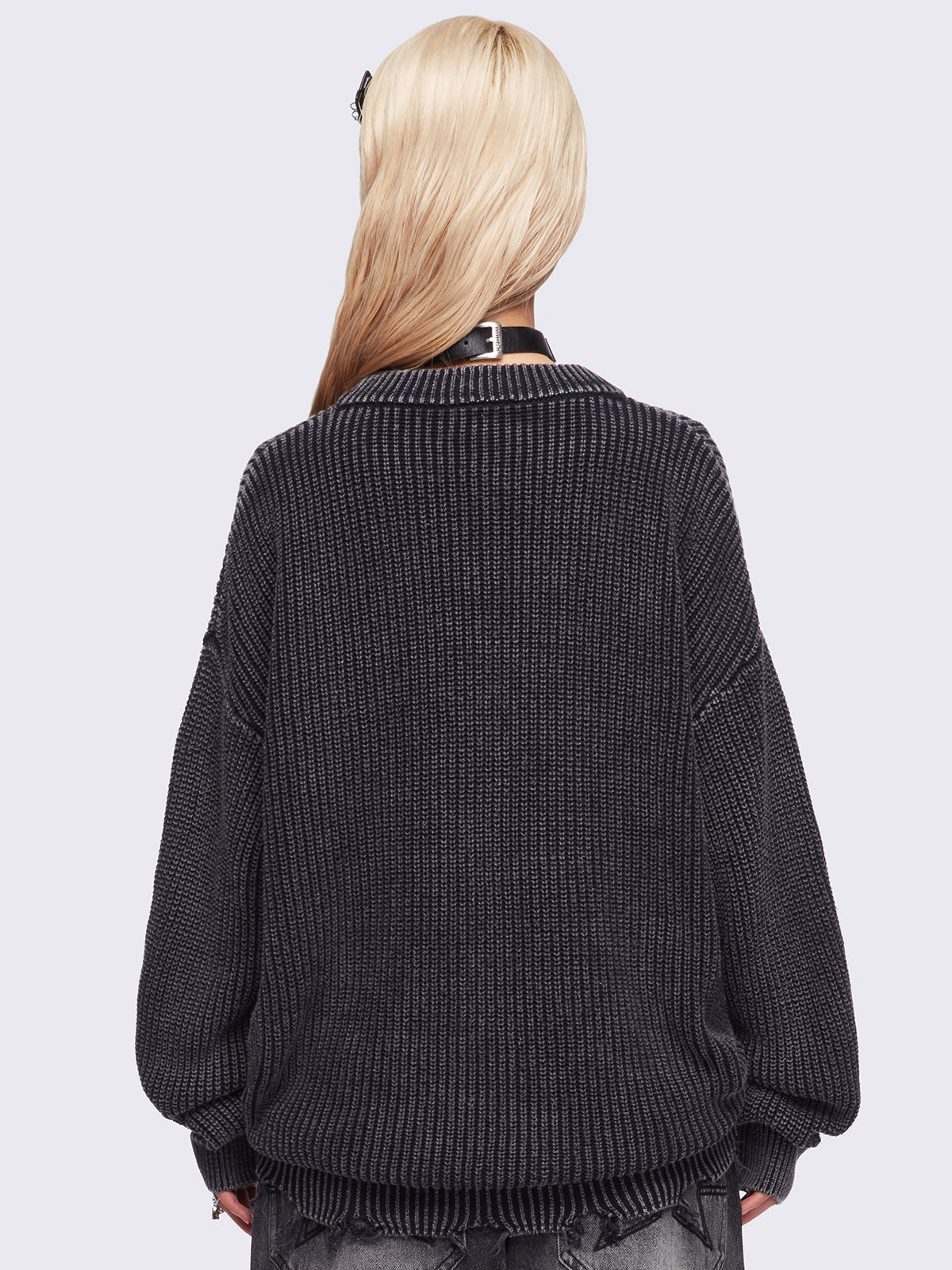 Grey washed knit jumper featuring a "I hate explaining shit!" front print and distressed details.