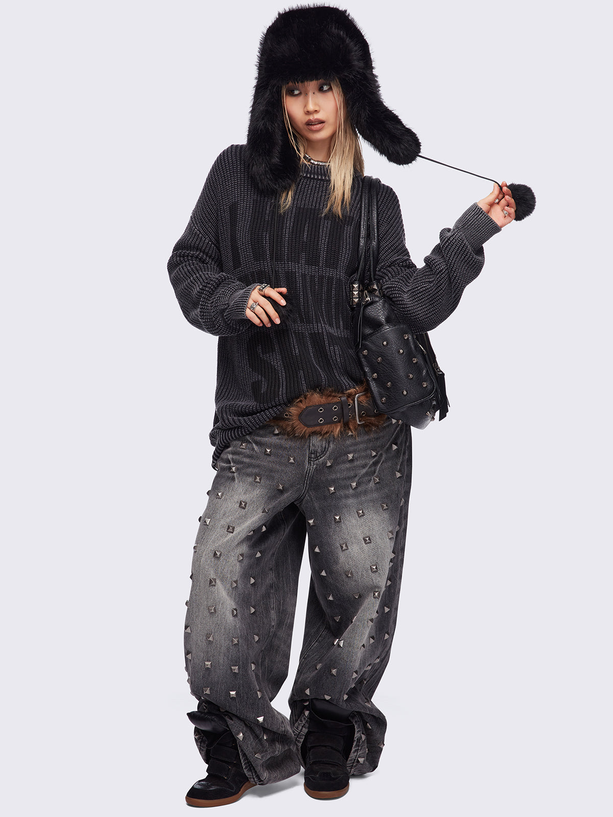 Grey washed knit jumper featuring a "I hate explaining shit!" front print and distressed details.