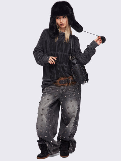 Grey washed knit jumper featuring a "I hate explaining shit!" front print and distressed details.