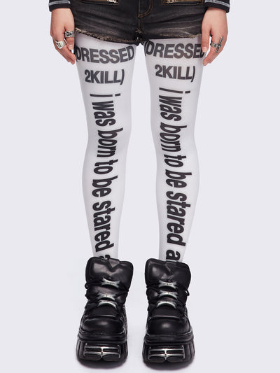 White opaque tights featuring slogan graphic prints.