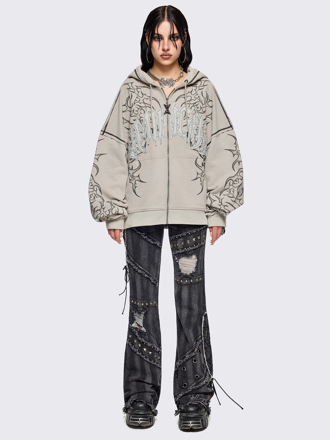 Beige Zip Up Hoodie with Sigilism Tribal Print | Minga London