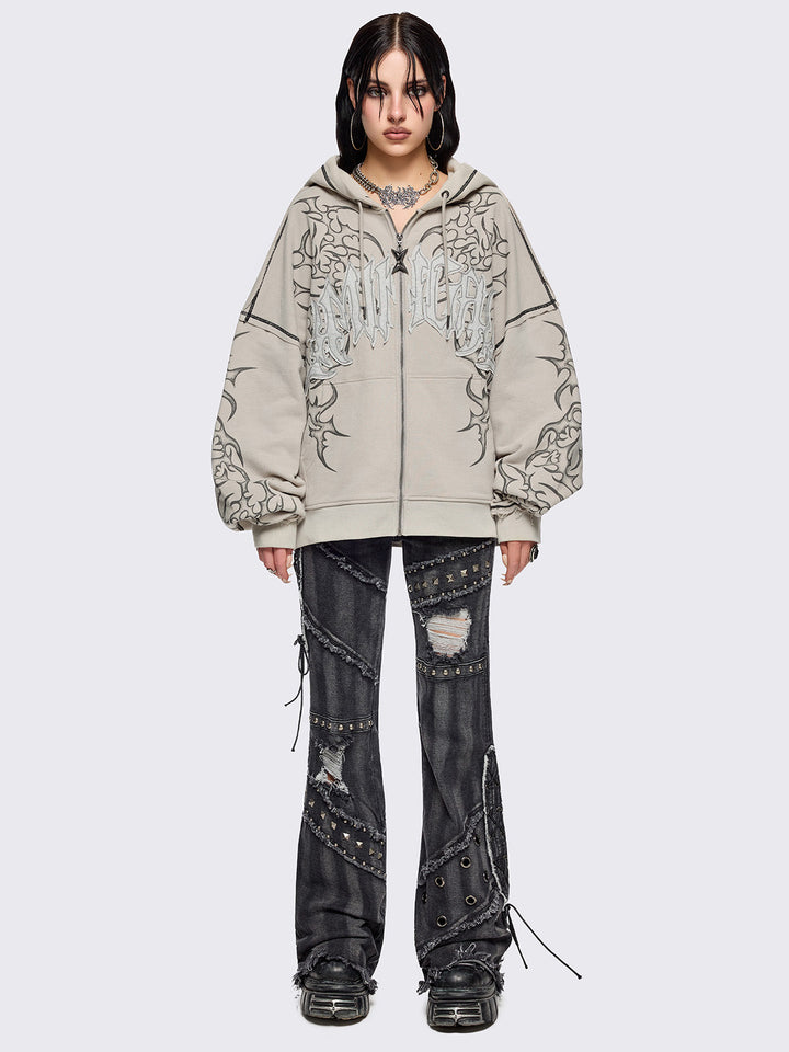 Beige Zip Up Hoodie with Sigilism Tribal Print | Minga London