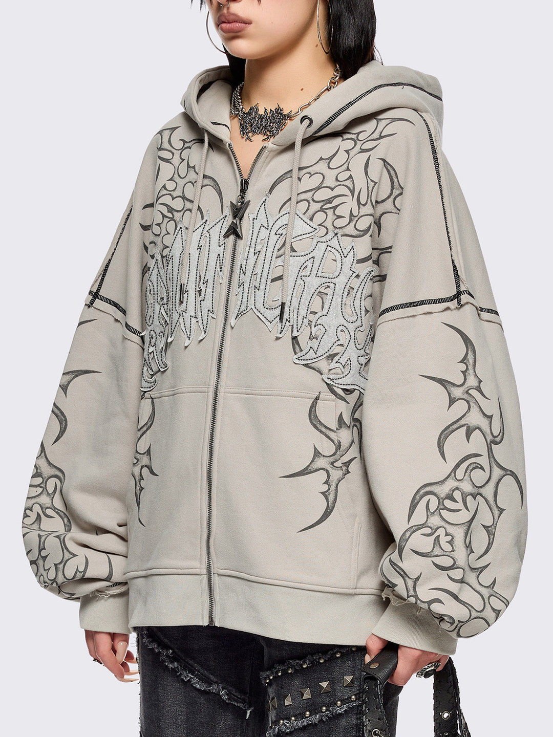 Beige Zip Up Hoodie with Sigilism Tribal Print | Minga London