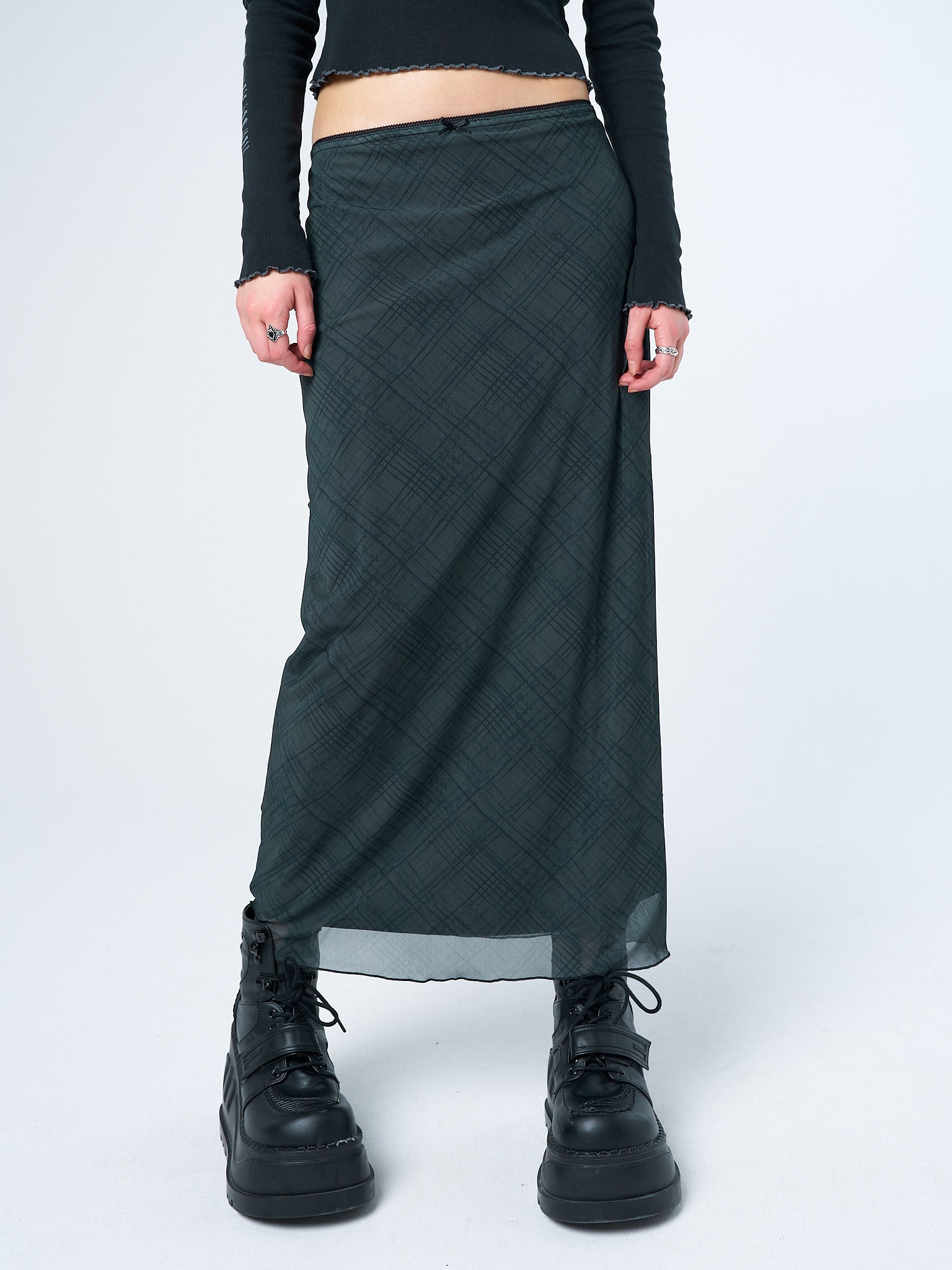 Green Checked Mesh Maxi Skirt - Boho Sheer Long Skirt | Minga London