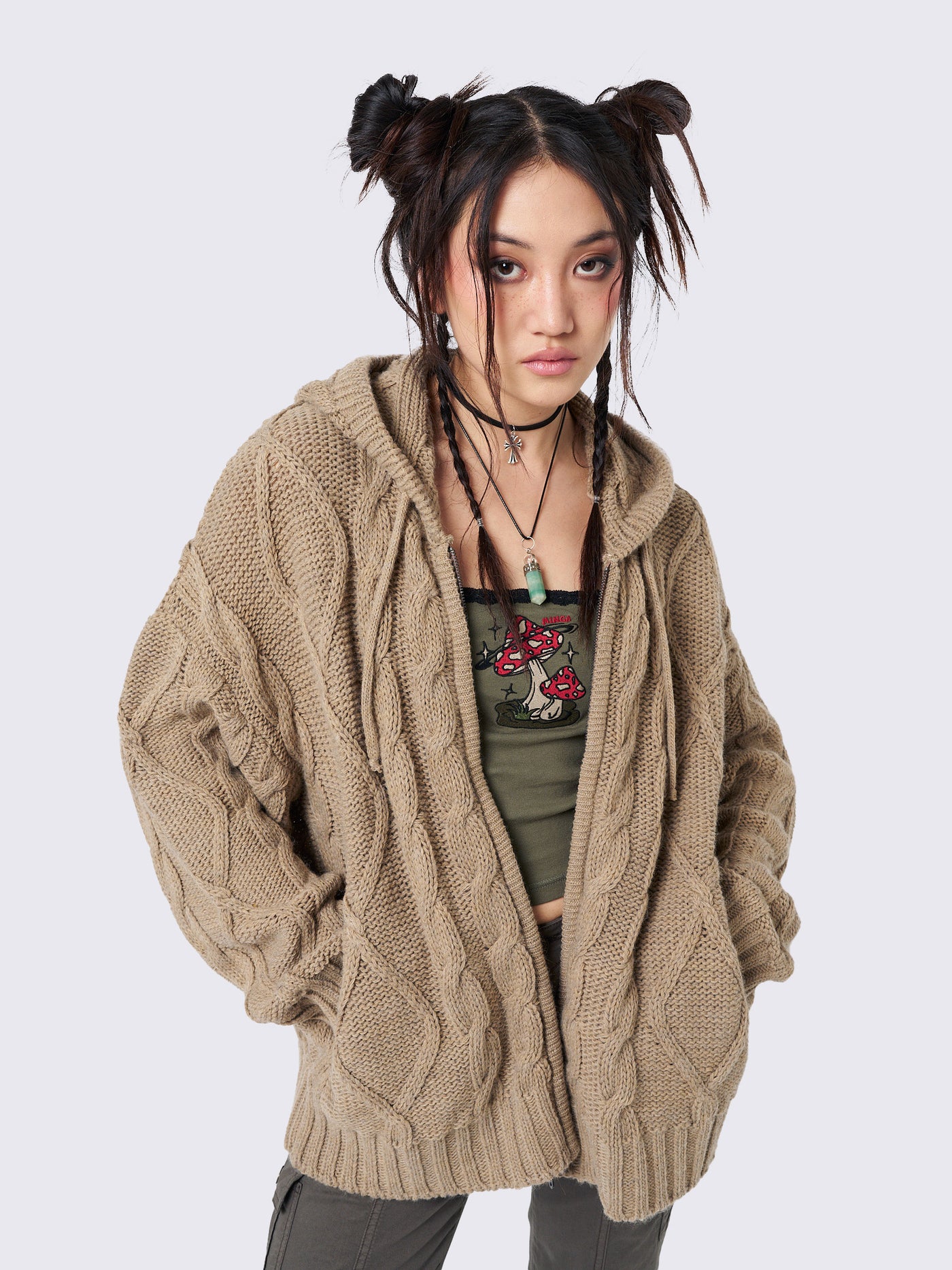 Oversized Beige Cable Knit Zip-Up Hoodie - Grunge & Retro | Minga London –  Minga London US