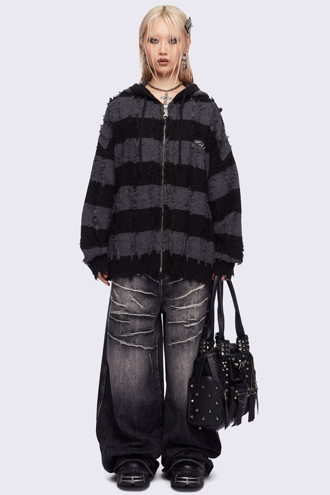 Striped Knitted Zip-Up Hoodie in Black and Grey | Minga London