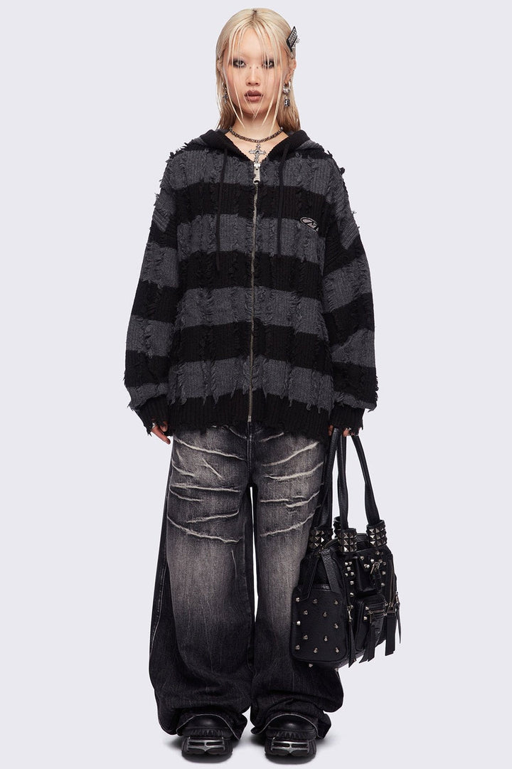 Striped Knitted Zip-Up Hoodie in Black and Grey | Minga London