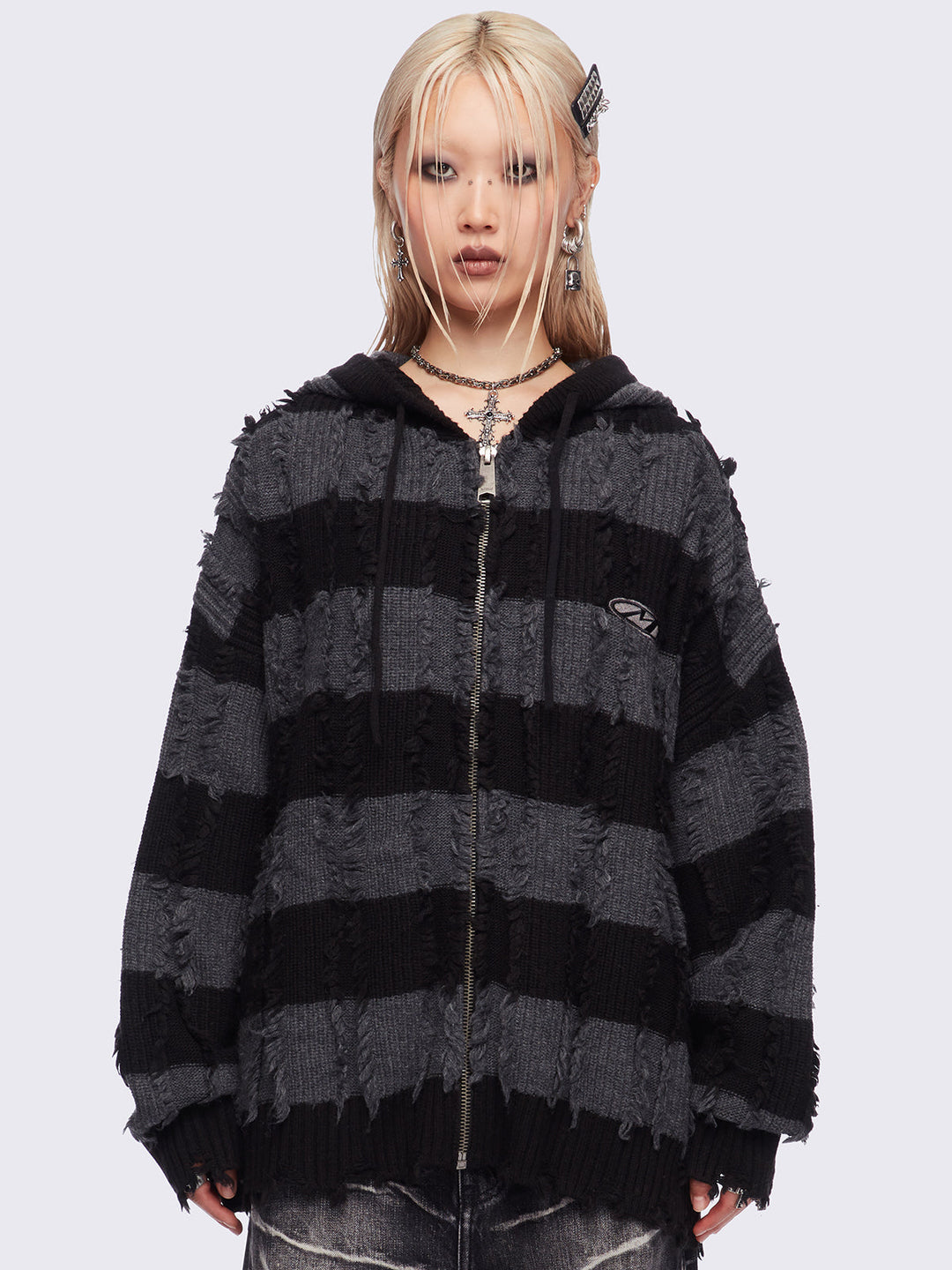 Striped Knitted Zip-Up Hoodie in Black and Grey | Minga London