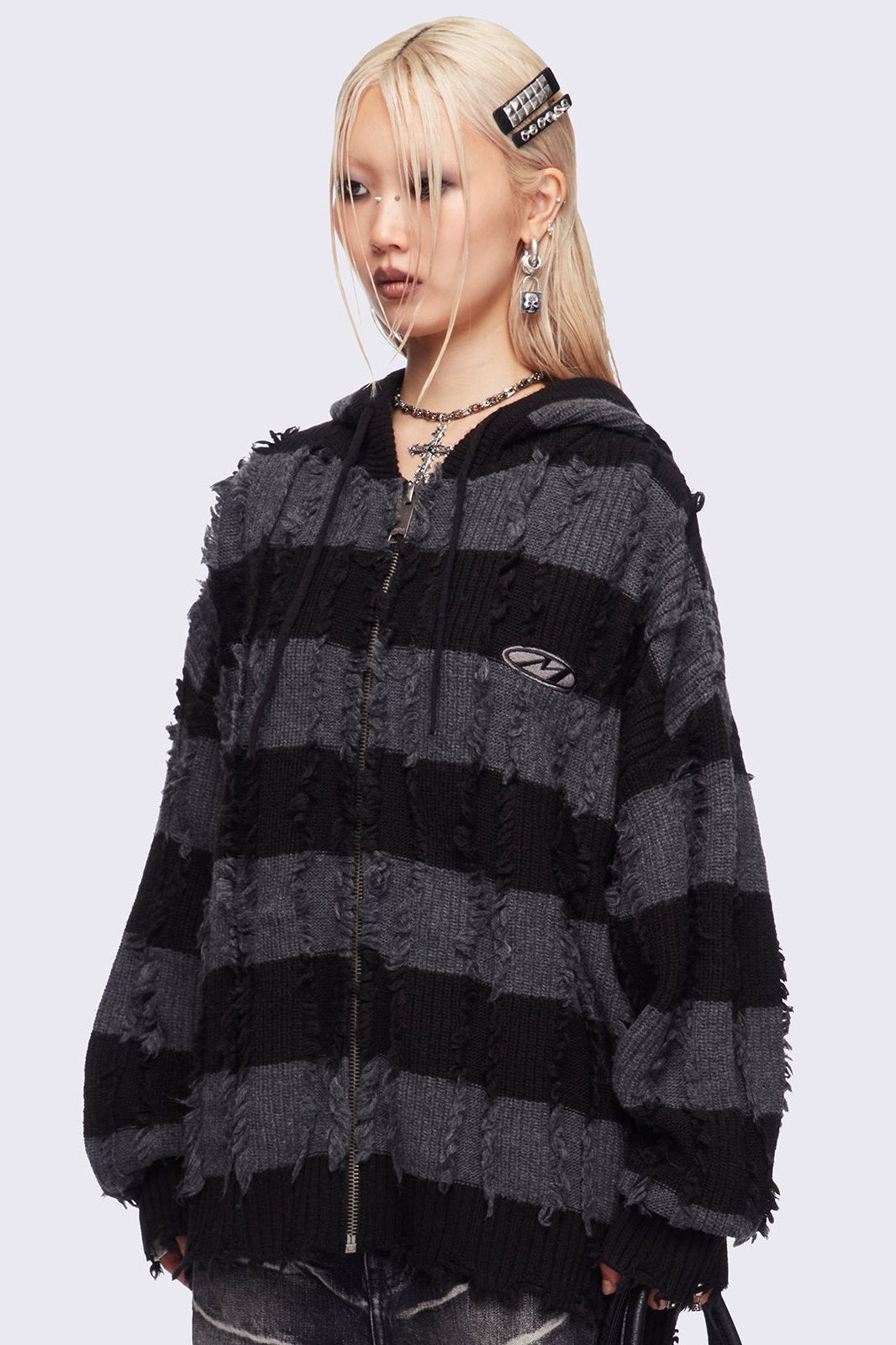 Striped Knitted Zip-Up Hoodie in Black and Grey | Minga London