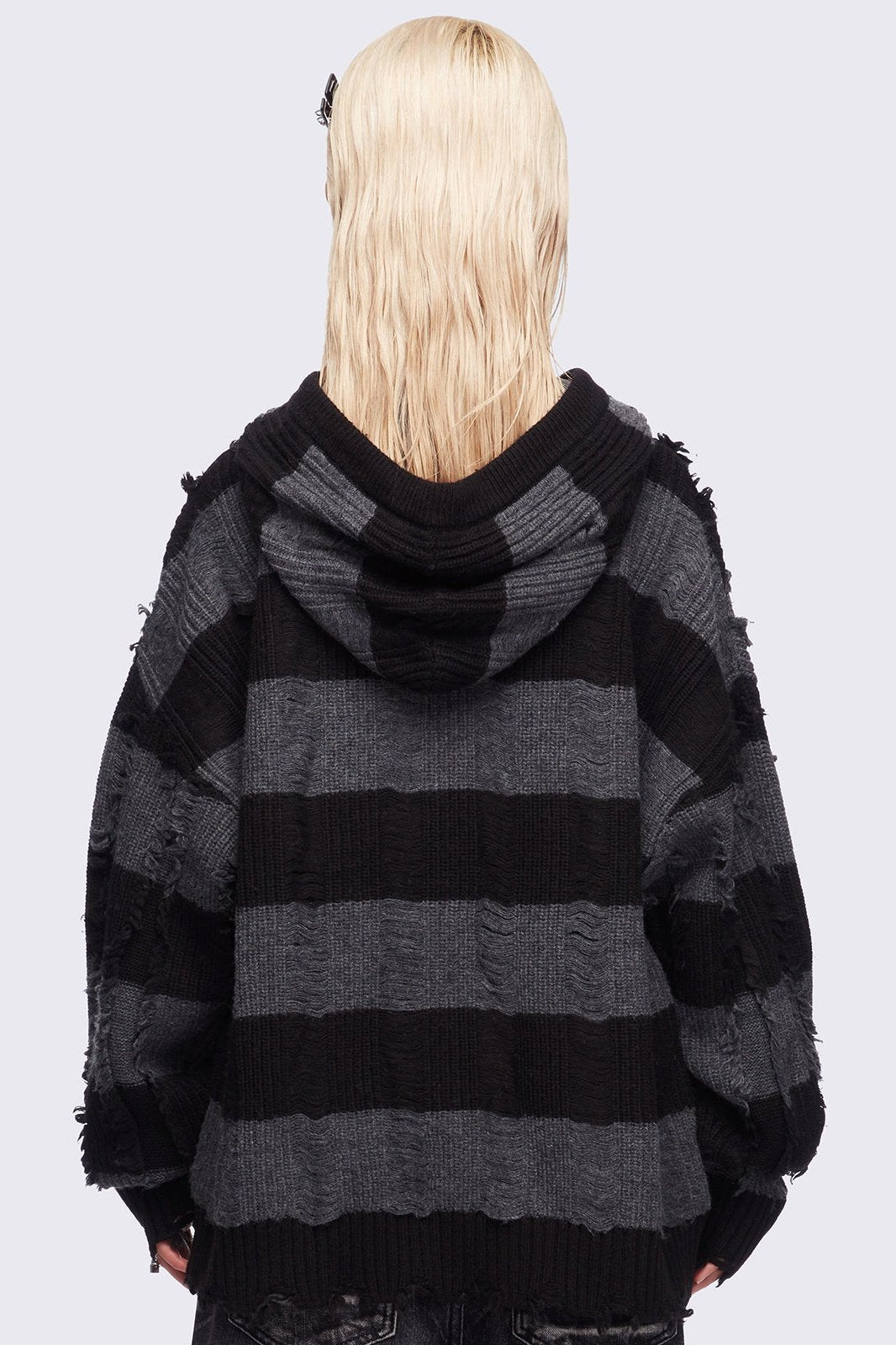 Striped Knitted Zip-Up Hoodie in Black and Grey | Minga London