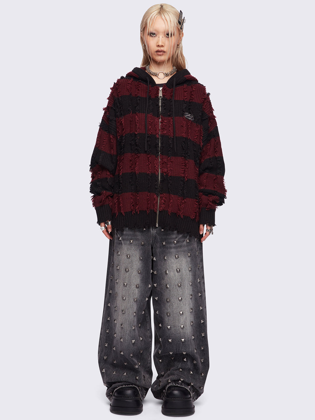 Striped Knitted Zip-Up Hoodie in Black and Red | Minga London