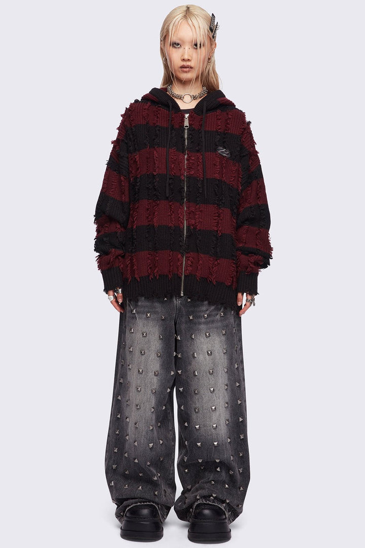 Striped Knitted Zip-Up Hoodie in Black and Red | Minga London