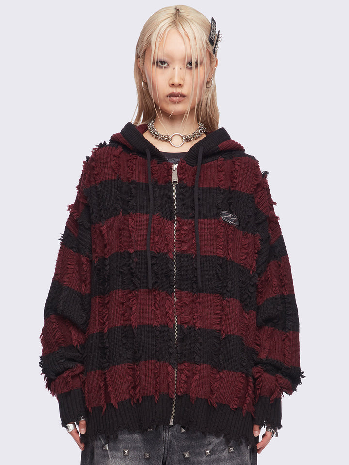 Striped Knitted Zip-Up Hoodie in Black and Red | Minga London