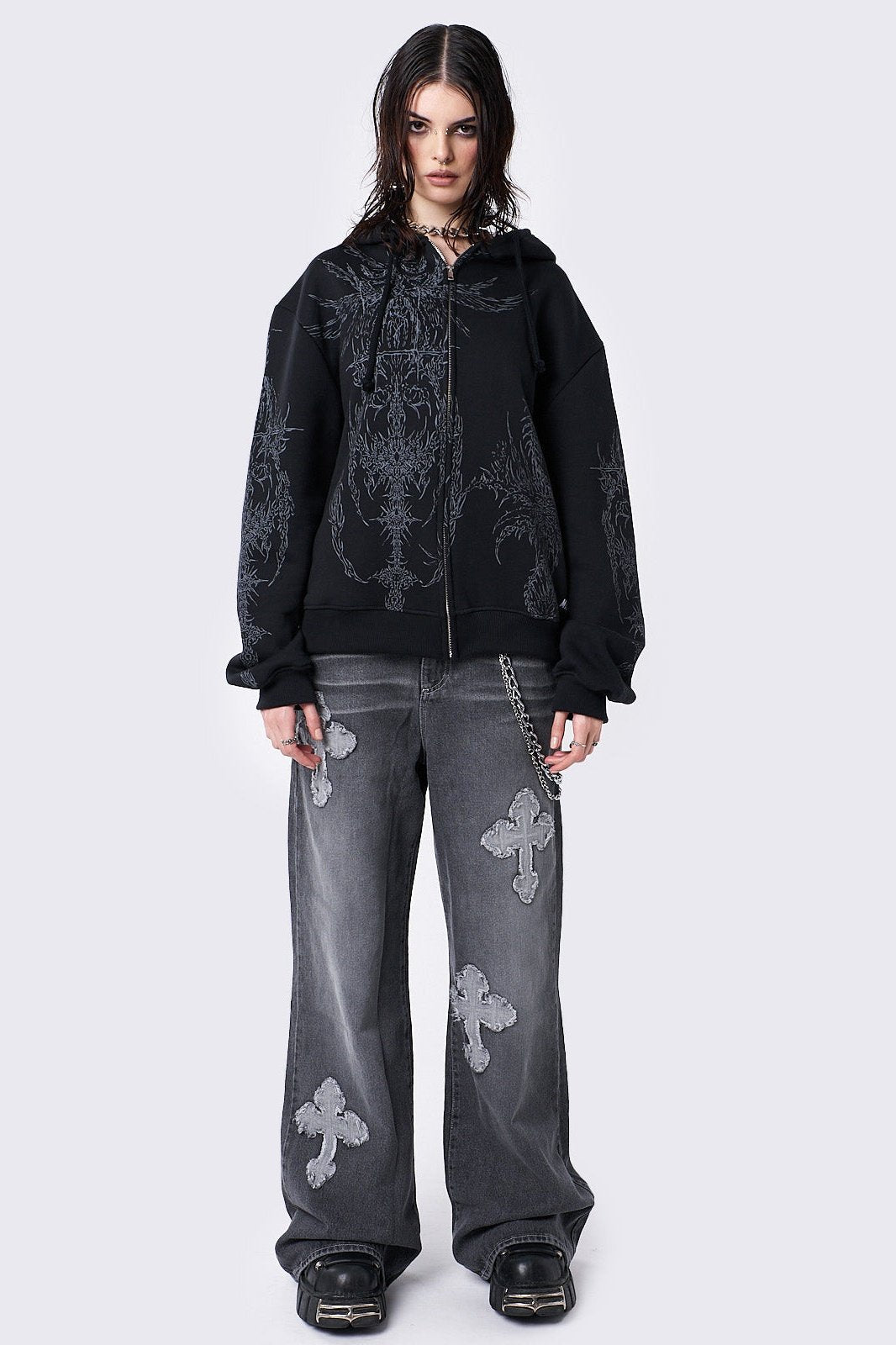 破格新品RICH MESH HOODIE xu chicashitu＋opium Black Knitted Zip-Up Hoodie With Sigilism Graphic | Minga London