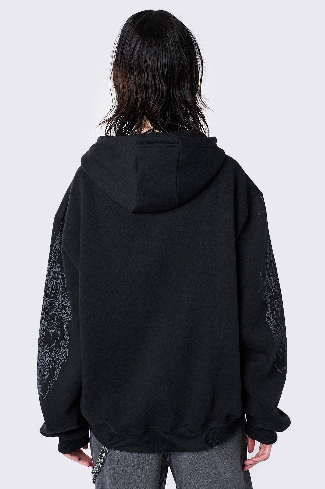 Black Oversized Zip Up Hoodie with Abstract Print - Grunge