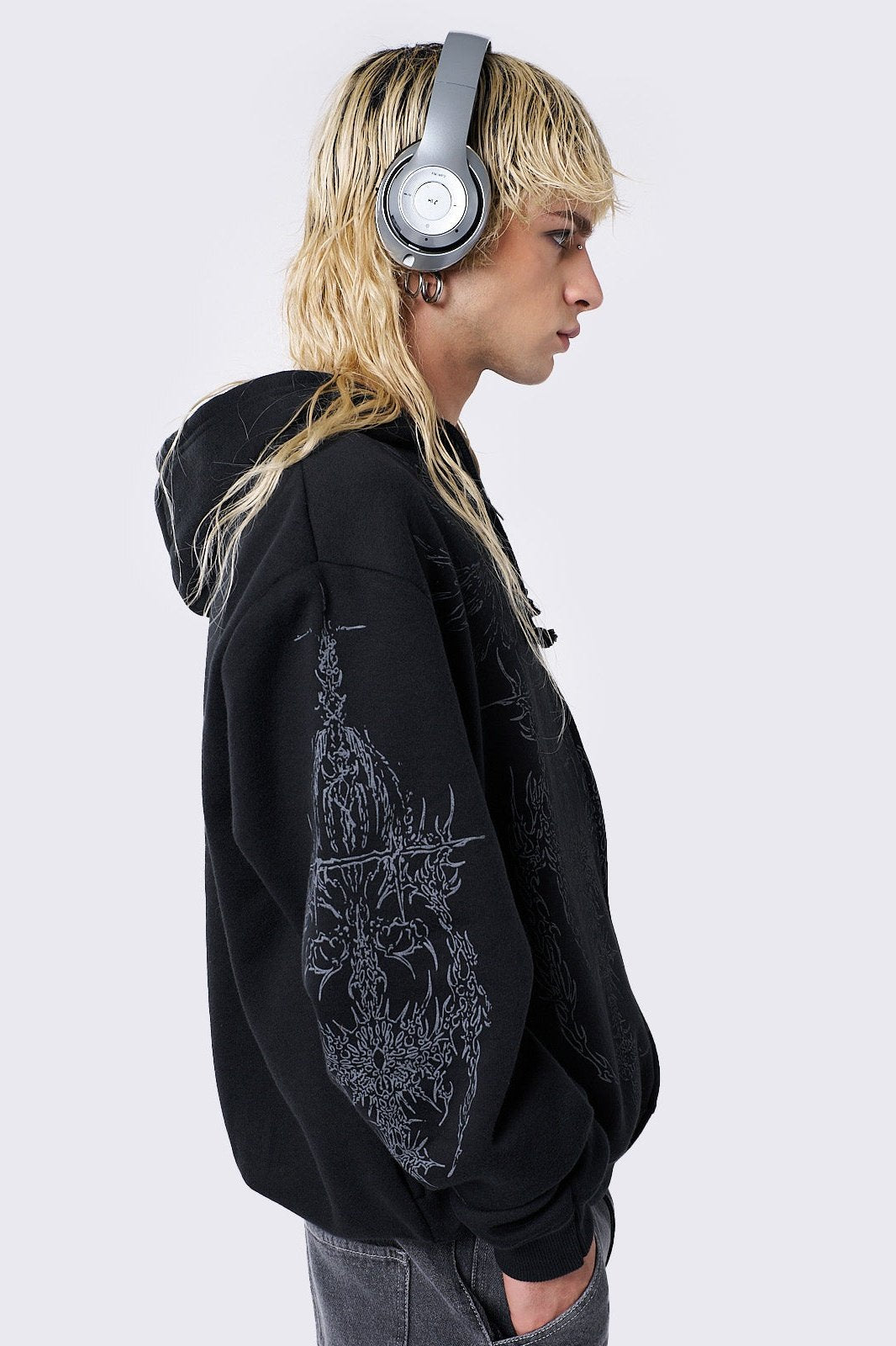 Black Oversized Zip Up Hoodie with Abstract Print - Grunge