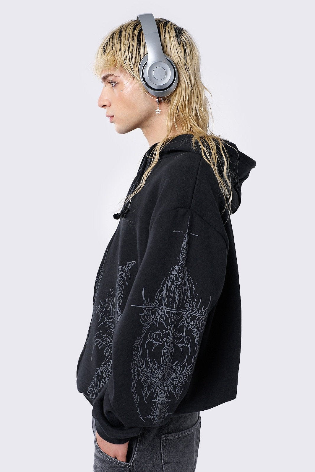 Black Oversized Zip Up Hoodie with Abstract Print - Grunge