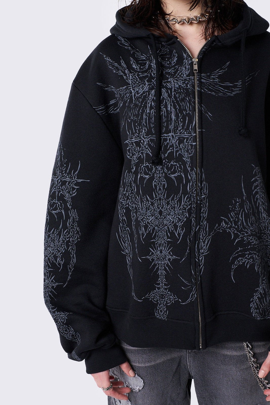 Black Oversized Zip Up Hoodie with Abstract Print - Grunge