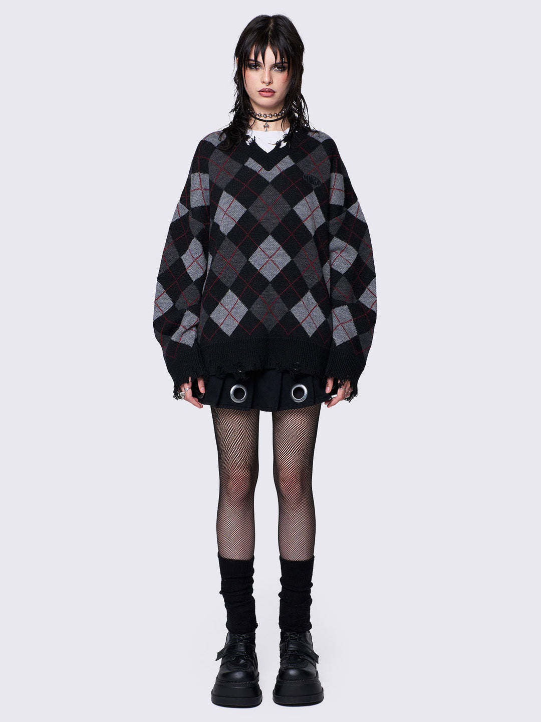 Argyle Distressed Knit Jumper in Black and Grey | Minga