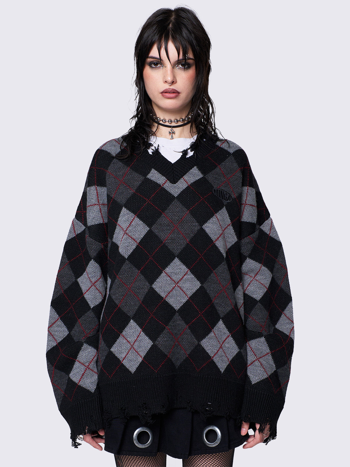 Grey and black argyle knitted jumper with distressed details