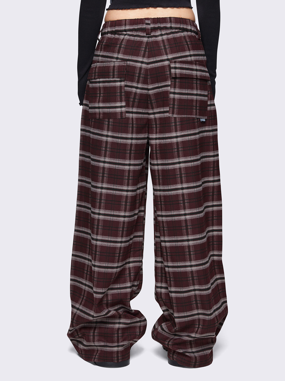 Baggy grandpa trousers in burgundy plaid check pattern