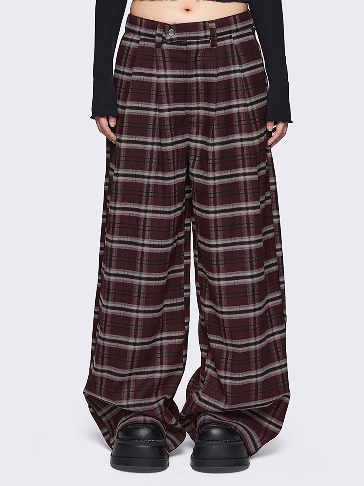 Baggy grandpa trousers in burgundy plaid check pattern