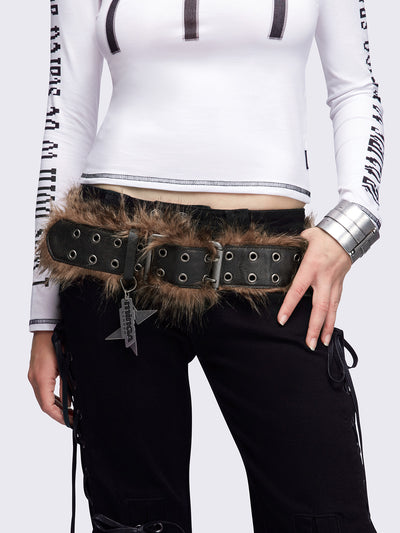 Black double grommet belt featuring brown faux fur trim.