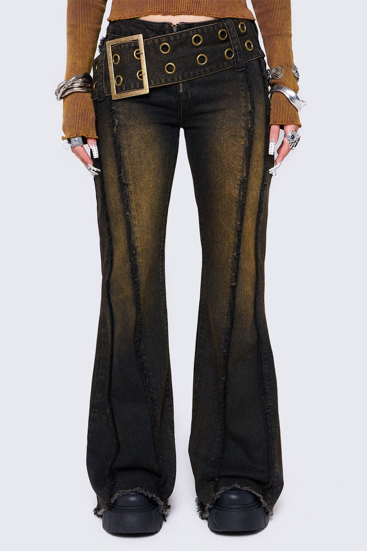 Overdye Belted Distressed Flare Jeans – Y2K Grunge | Minga London