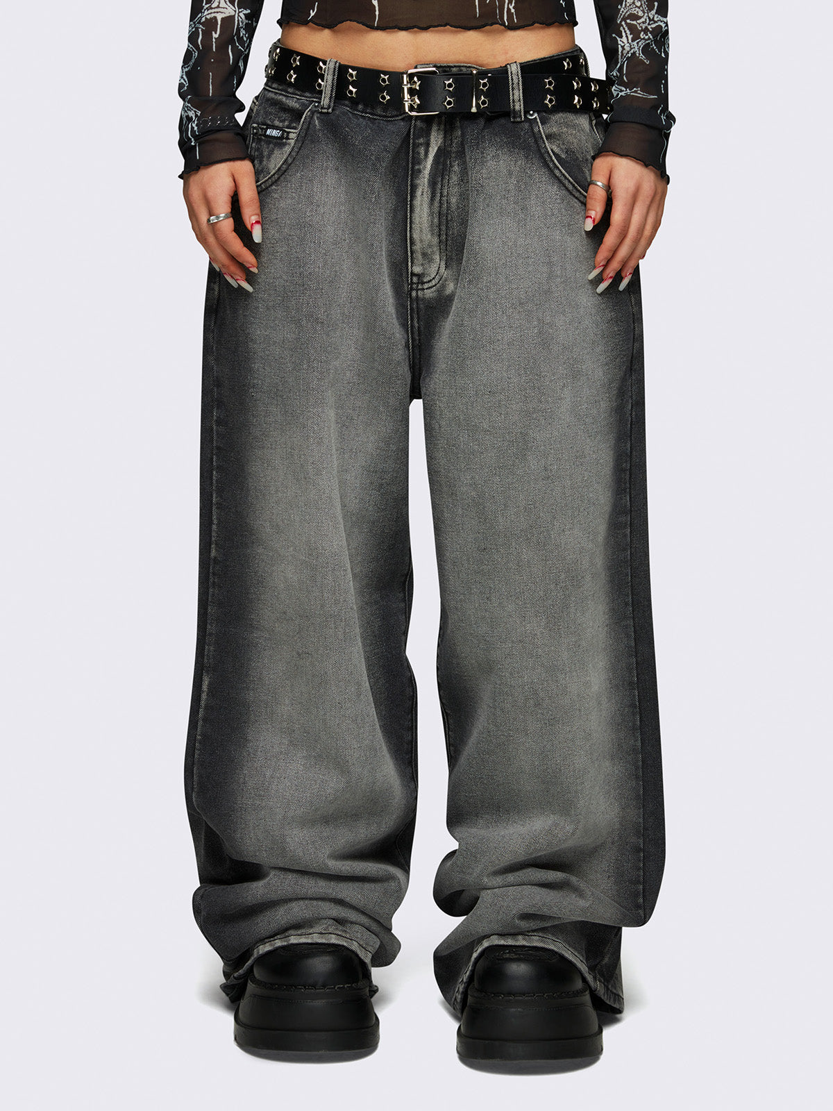 Baggy jeans in washed black with grey overdye