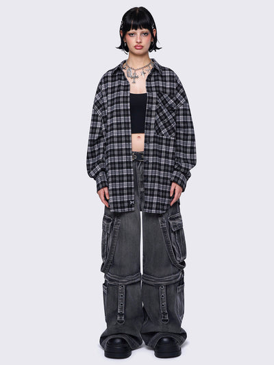 Plaid oversized shirt in black and grey with front button placket.