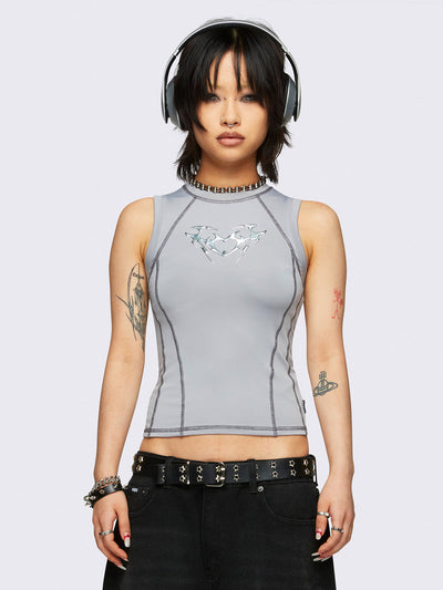 Tank top in grey with contrast stitching in black and a heart metal embossed front print - acubi style