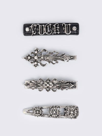 Set of 4 hair clips with silver floral baroque and black PU.