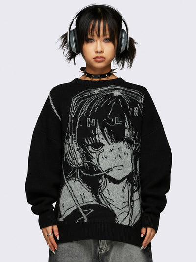 Knit sweater in black with anime girl front design