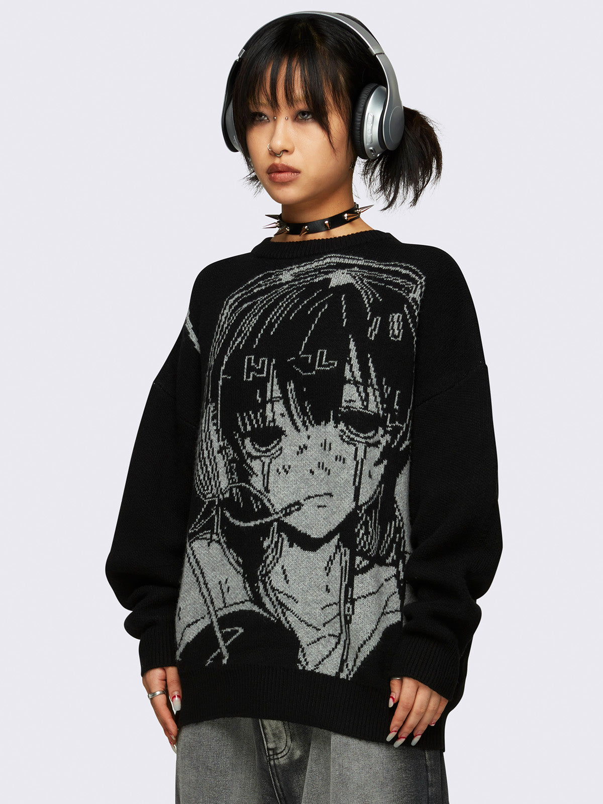 Knit sweater in black with anime girl front design