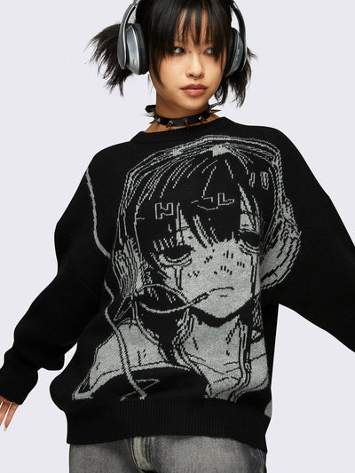 Knit sweater in black with anime girl front design