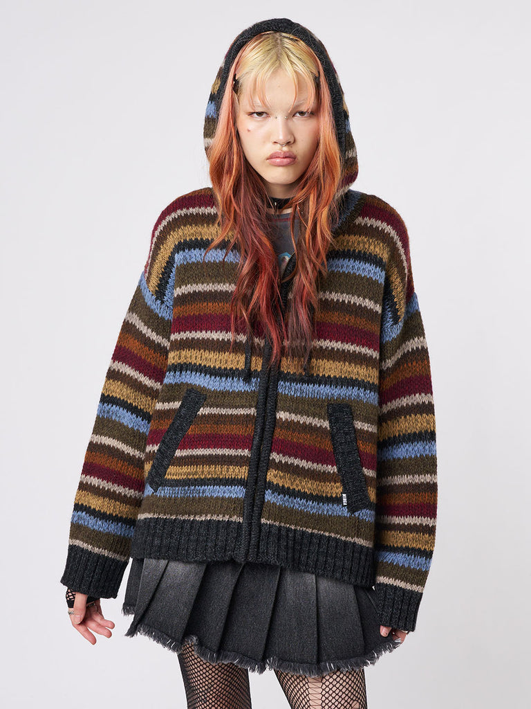 Oversized Striped Knitted Zip-Up Hoodie - Boho Retro | Minga London
